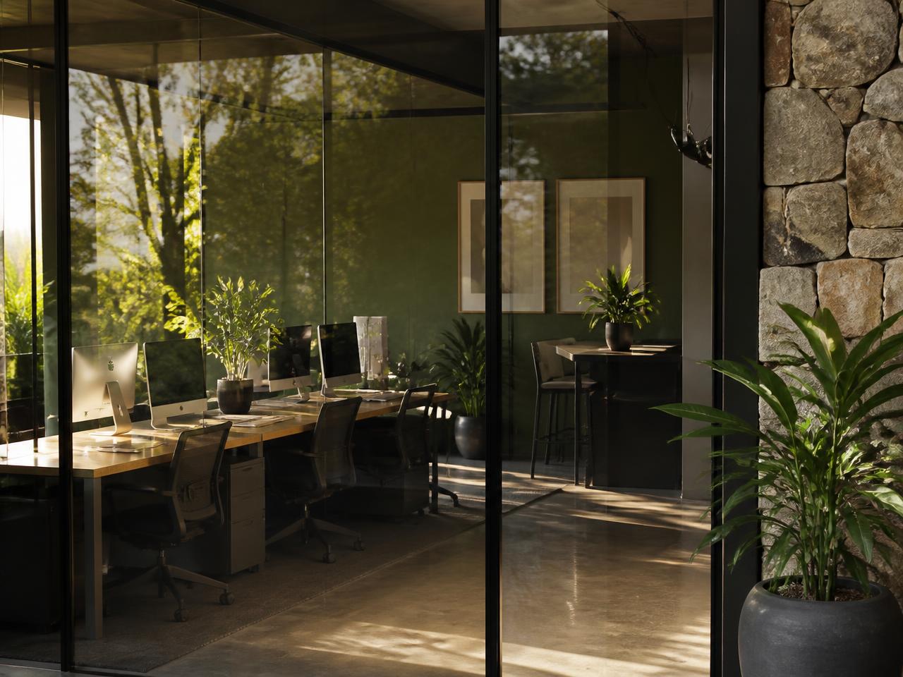 Escritório de empresa com vidros e plantas ao fim do dia
