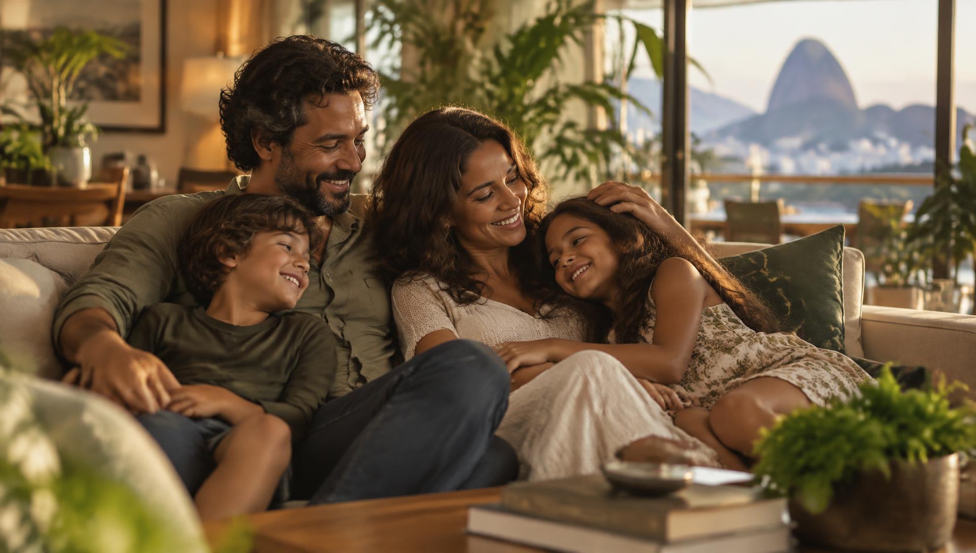 Família reunida e tranquila na sala de casa ao fim da tarde